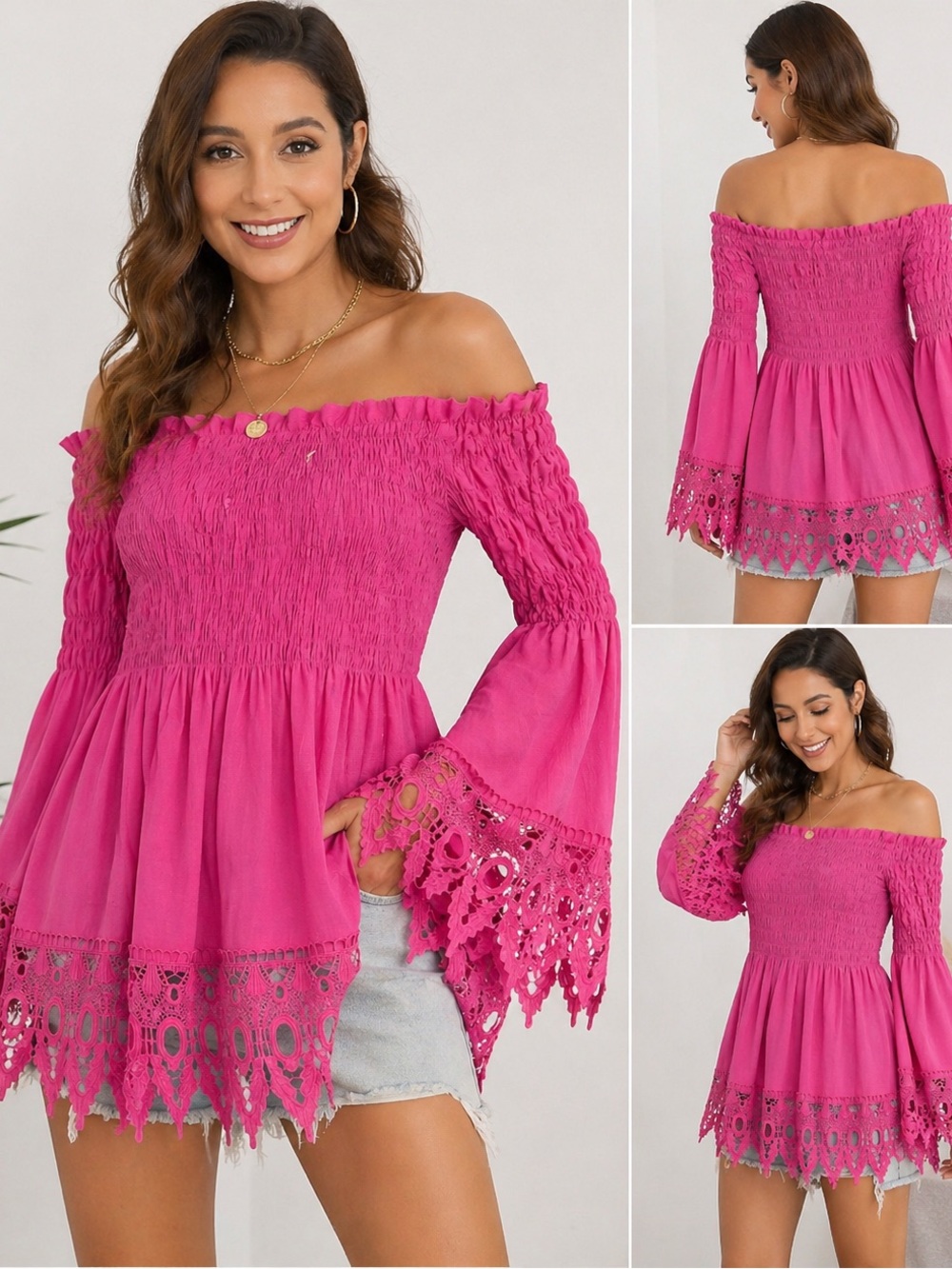 Off-Shoulder Fuchsia Crochet-Hem Peasant Top